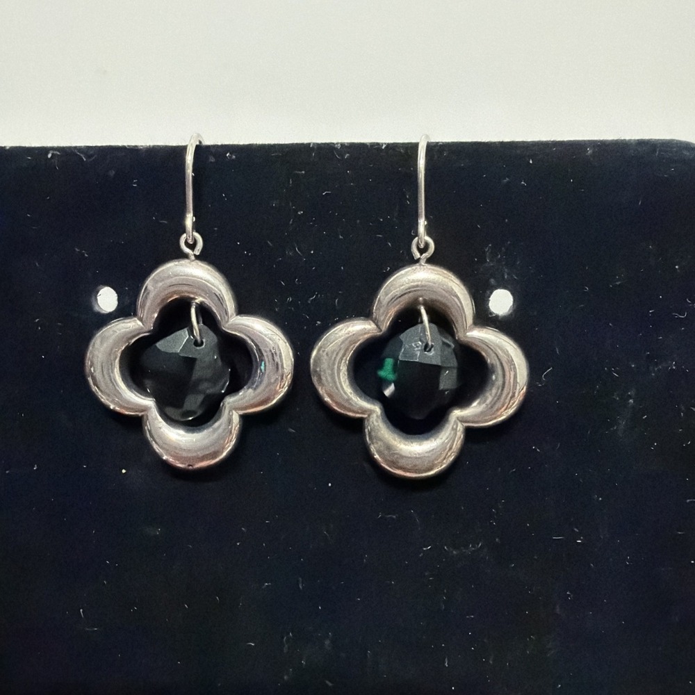 Vintage NABCO Sterling Silver 925 Clover Dangle Earrings Onyx Teardrop USA